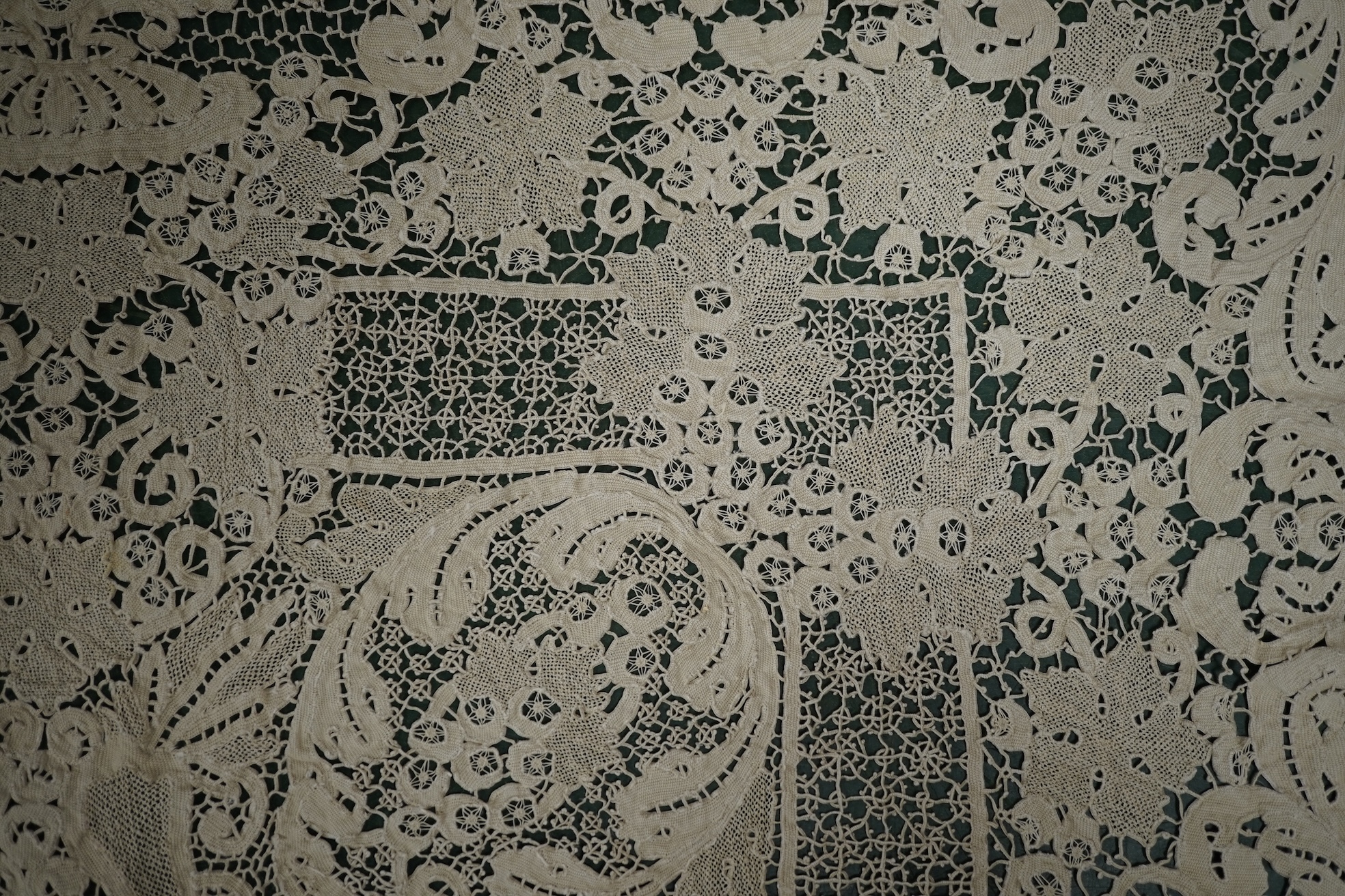 A 20th century lace bedcover, in Burano style lace. 276cm x 172cm
